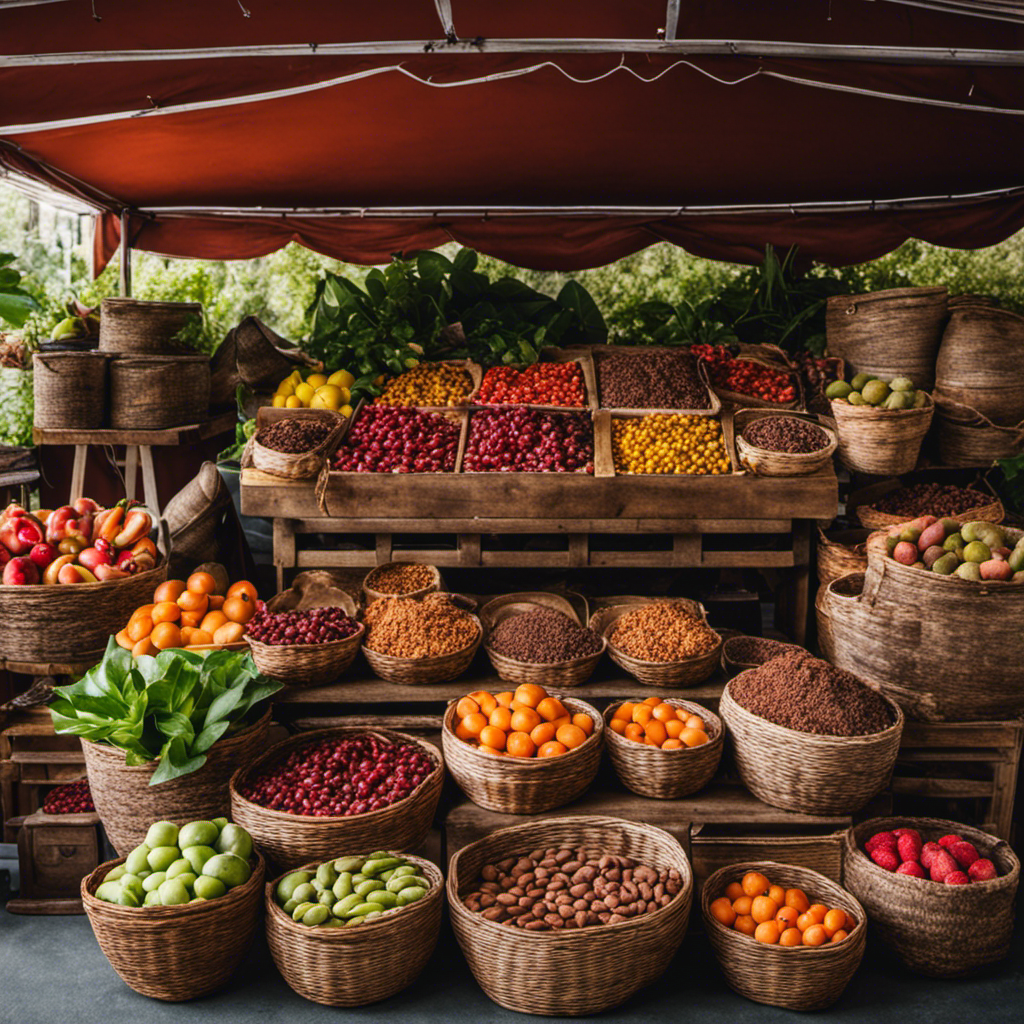 An image showcasing a vibrant farmer's market stall in San Francisco, filled with neatly arranged baskets brimming with raw organic cacao seeds, their rich brown hues contrasting against a backdrop of lush greenery