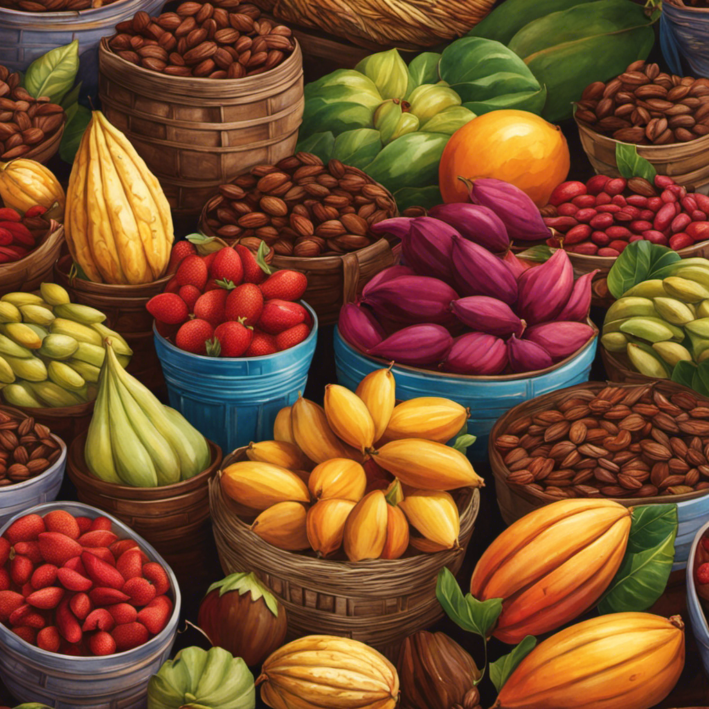 An image showcasing a vibrant farmers market scene, with stalls overflowing with plump cacao pods, inviting customers to indulge in their deep, earthy aroma