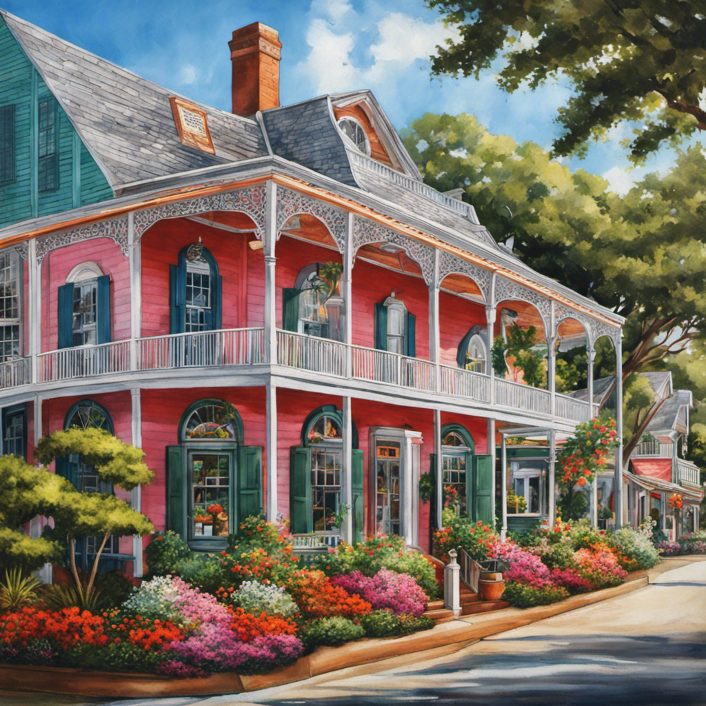 An image showcasing the quaint streets of Ocean Springs, Mississippi, with a charming local tea shop tucked between colorful buildings