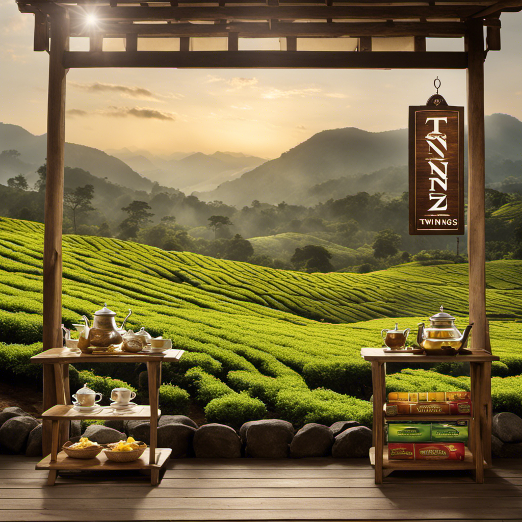 An image that showcases a serene tea plantation nestled amidst mist-covered mountains