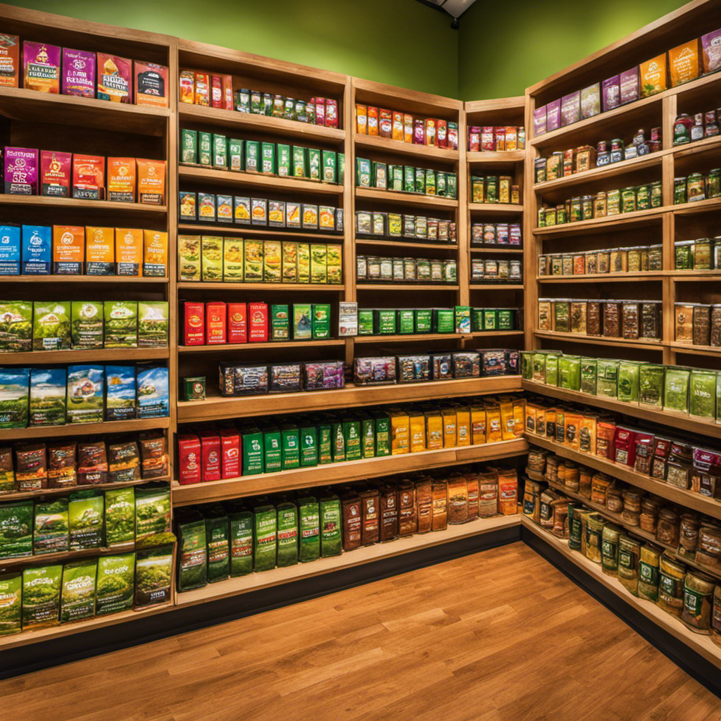 An image showcasing a vibrant display of various branded Yerba Mate Instant Tea products, neatly arranged on shelves, within a well-stocked grocery store in Knoxville