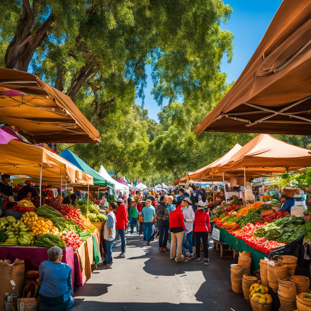 An image showcasing a vibrant farmers market in San Jose, bustling with stalls adorned with colorful displays of fresh Yerba Mate leaves, gourds, and traditional mate cups; shoppers engaged in conversations with enthusiastic vendors
