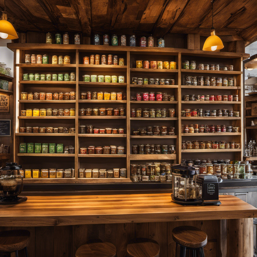 An image capturing the vibrant interior of a cozy Burlington café, showcasing shelves adorned with an array of Yerba Mate shots in various flavors, neatly arranged next to a rustic wooden counter