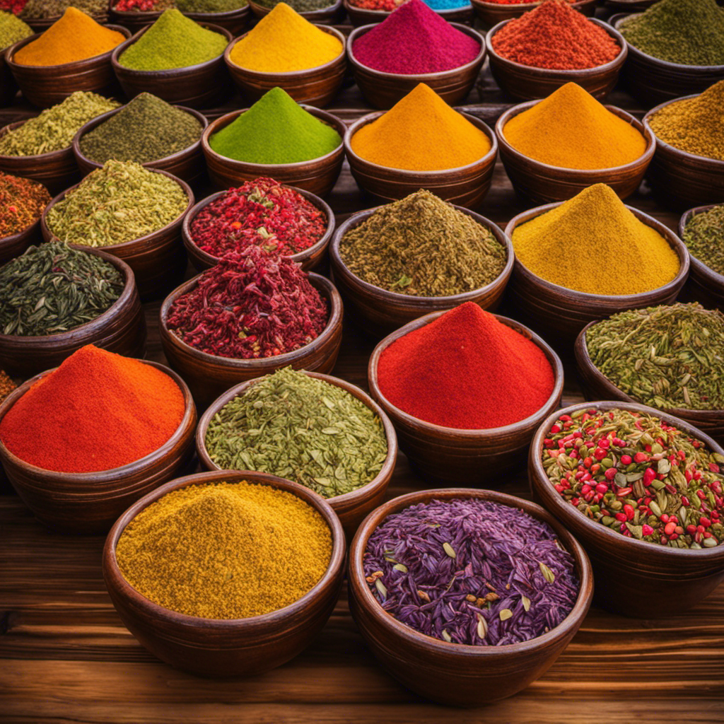 An image showcasing a vibrant, bustling marketplace with stalls adorned with colorful packages of yerba mate tea leaves
