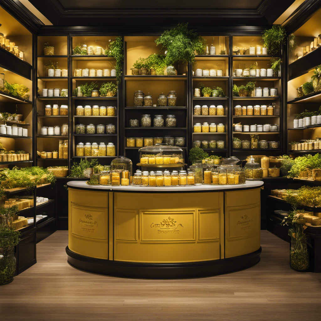 An image showcasing a serene tea shop nestled amidst lush greenery, with shelves adorned with elegant jars filled with vibrant yellow zeodary herbal tea leaves