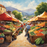 An image showcasing a bustling local farmers market, with vibrant stalls displaying an array of fresh produce