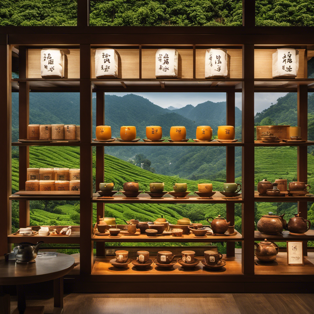 An image showcasing a quaint Taiwanese tea shop nestled amidst the lush rolling hills of Nantou County