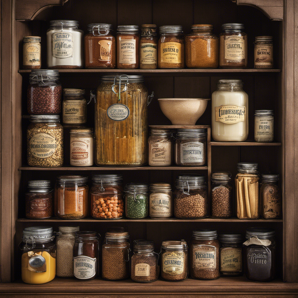 An image showcasing a cozy kitchen pantry with neatly organized shelves filled with various jars and boxes, prominently featuring a vintage-style tin of Postum Drink Mix, adding a touch of nostalgia and warmth to the scene