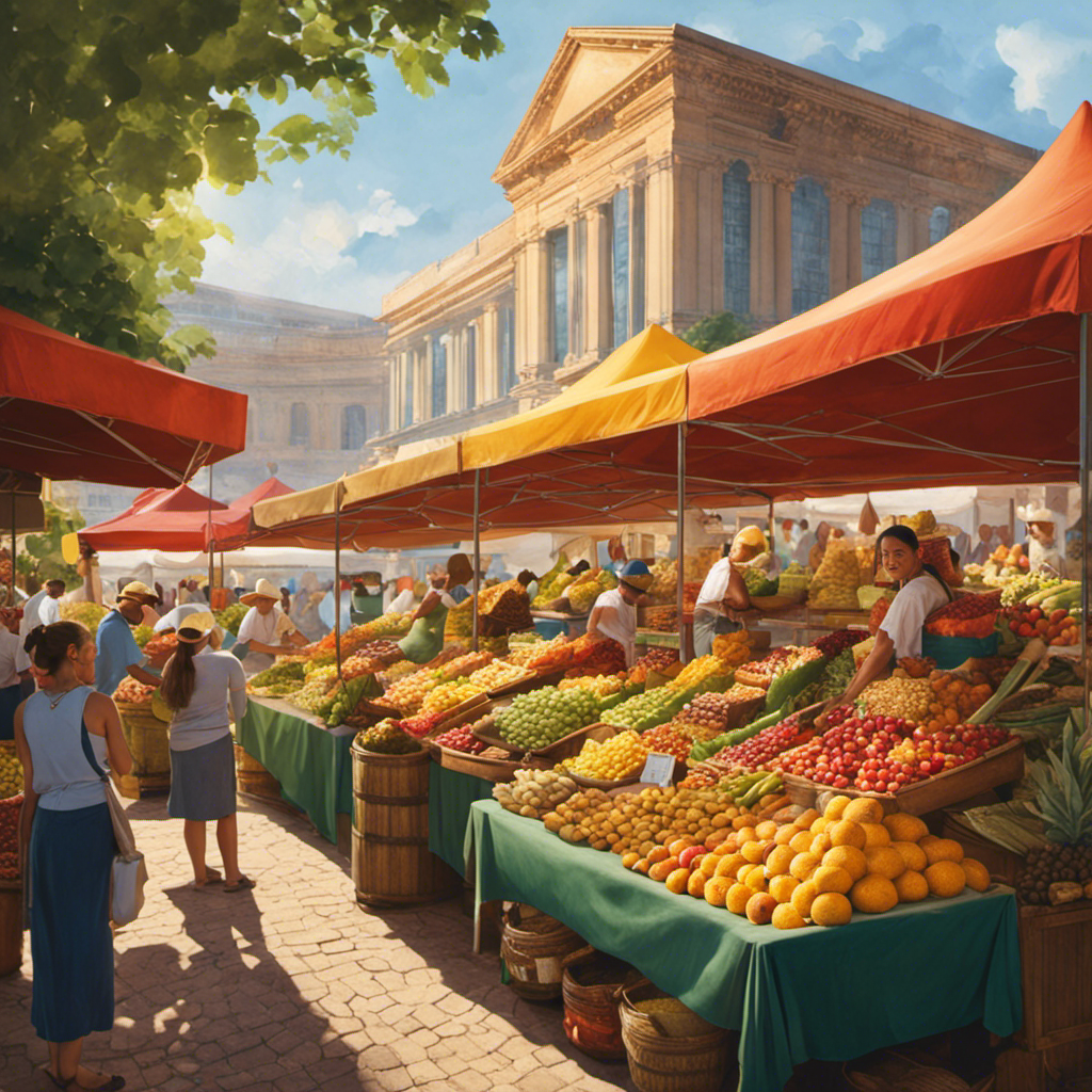 An image featuring a bustling farmer's market, with vibrant stalls overflowing with exotic fruits and a section dedicated to raw cacao