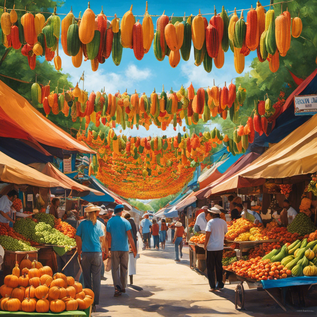 An image featuring a vibrant San Antonio street market adorned with colorful canopies, lined with stalls overflowing with gourd-shaped yerba mate containers, surrounded by locals savoring the invigorating drink in traditional bombilla straws
