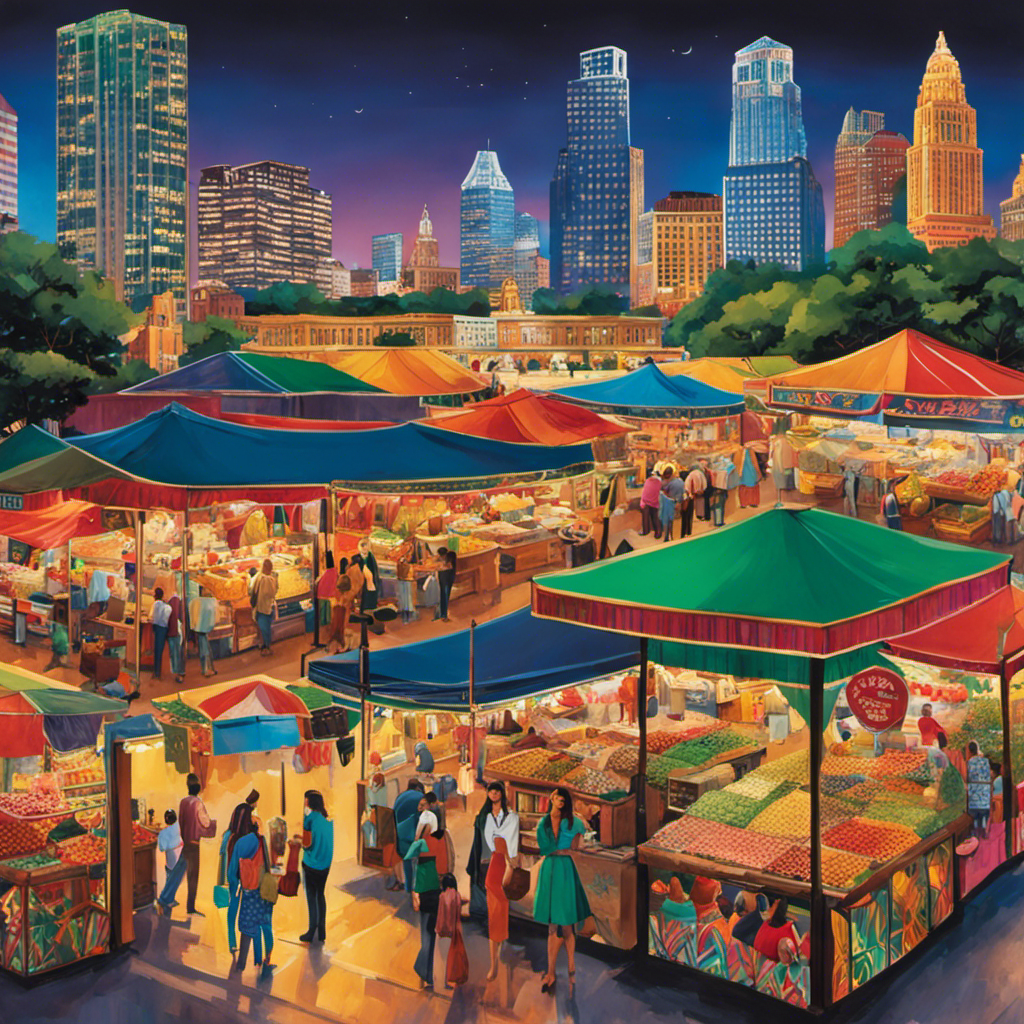 An image showcasing the vibrant Austin cityscape with a bustling outdoor market, brimming with stalls adorned in vibrant colors and patterns, where a vendor displays a variety of Yerba Mate receptacles