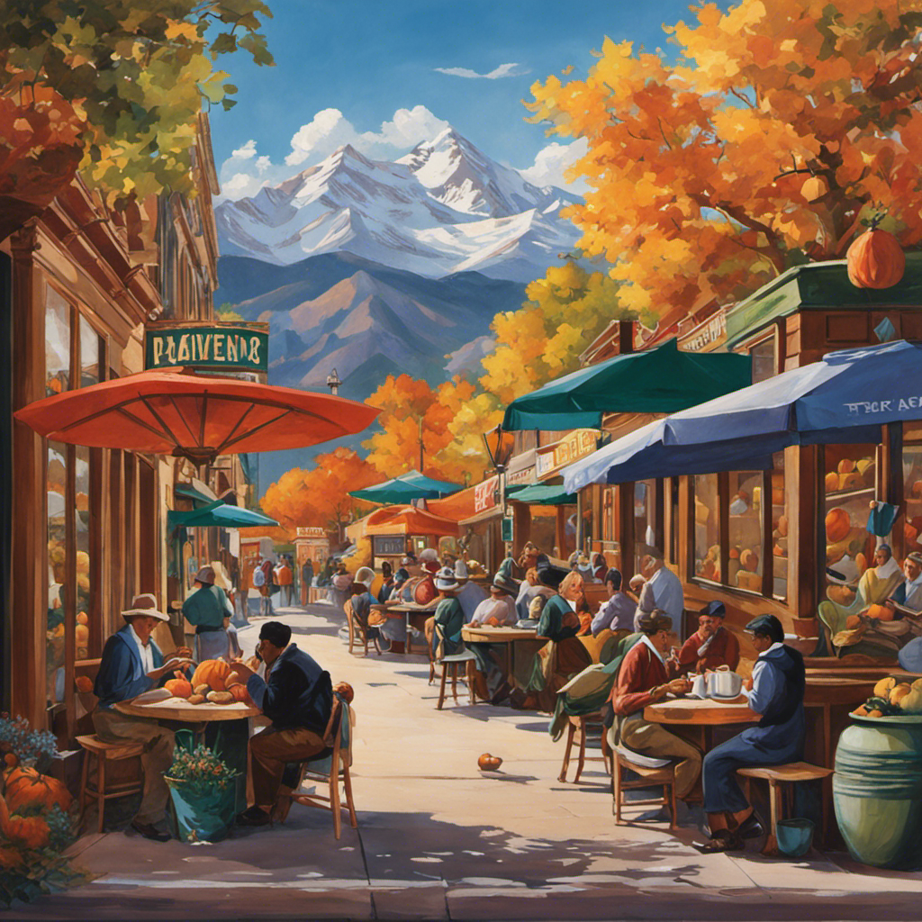 An image depicting a bustling Denver street, with a vibrant outdoor café serving traditional South American gourds filled with invigorating Yerba Mate tea