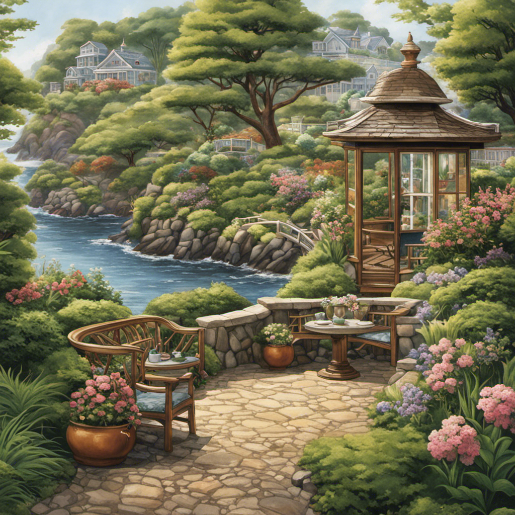 An image featuring a charming teahouse nestled amidst Lincoln City's picturesque coastal landscape