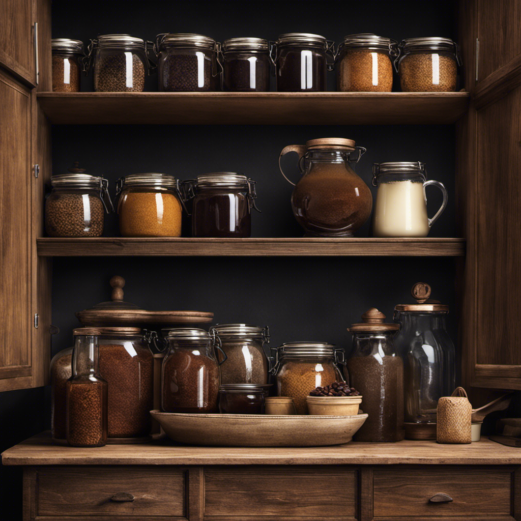 An image showcasing a cozy kitchen scene with a rustic wooden cupboard filled with neatly arranged jars of Postum, a rich dark beverage