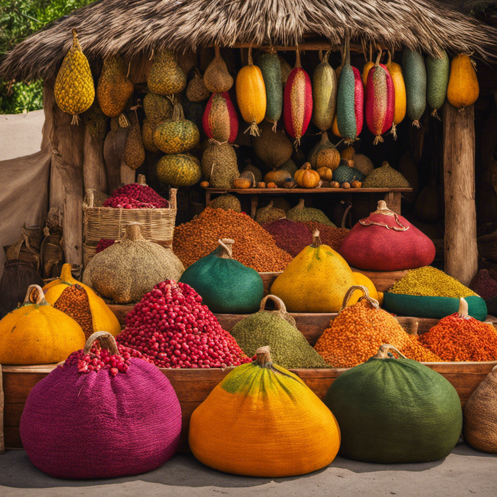 An image showcasing a vibrant market stall filled with colorful sacks of freshly harvested yerba mate leaves