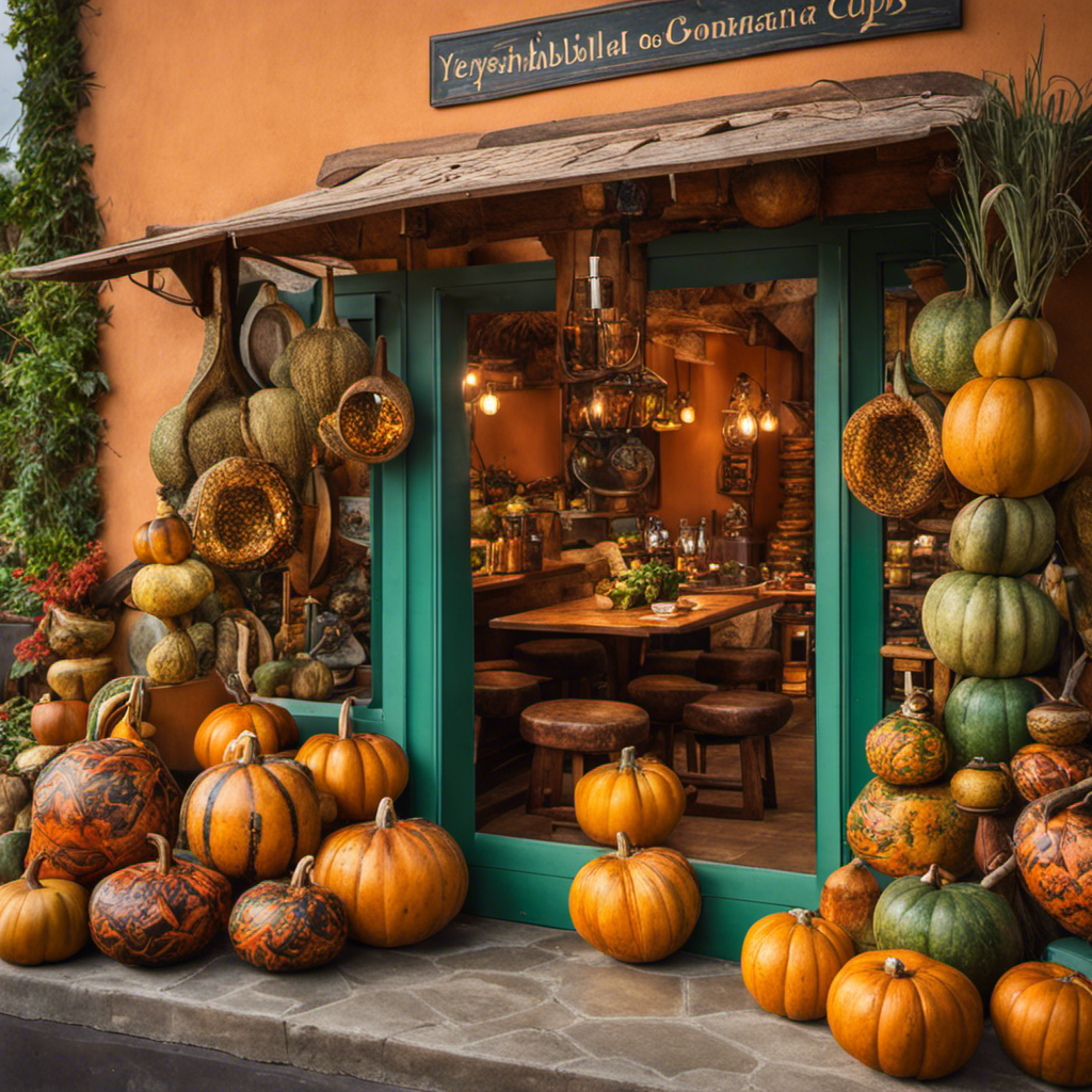 An image showcasing a cozy corner of a vibrant café in Stanford, adorned with traditional South American gourds and bombillas, where locals enjoy sipping rejuvenating yerba mate from traditional calabash cups