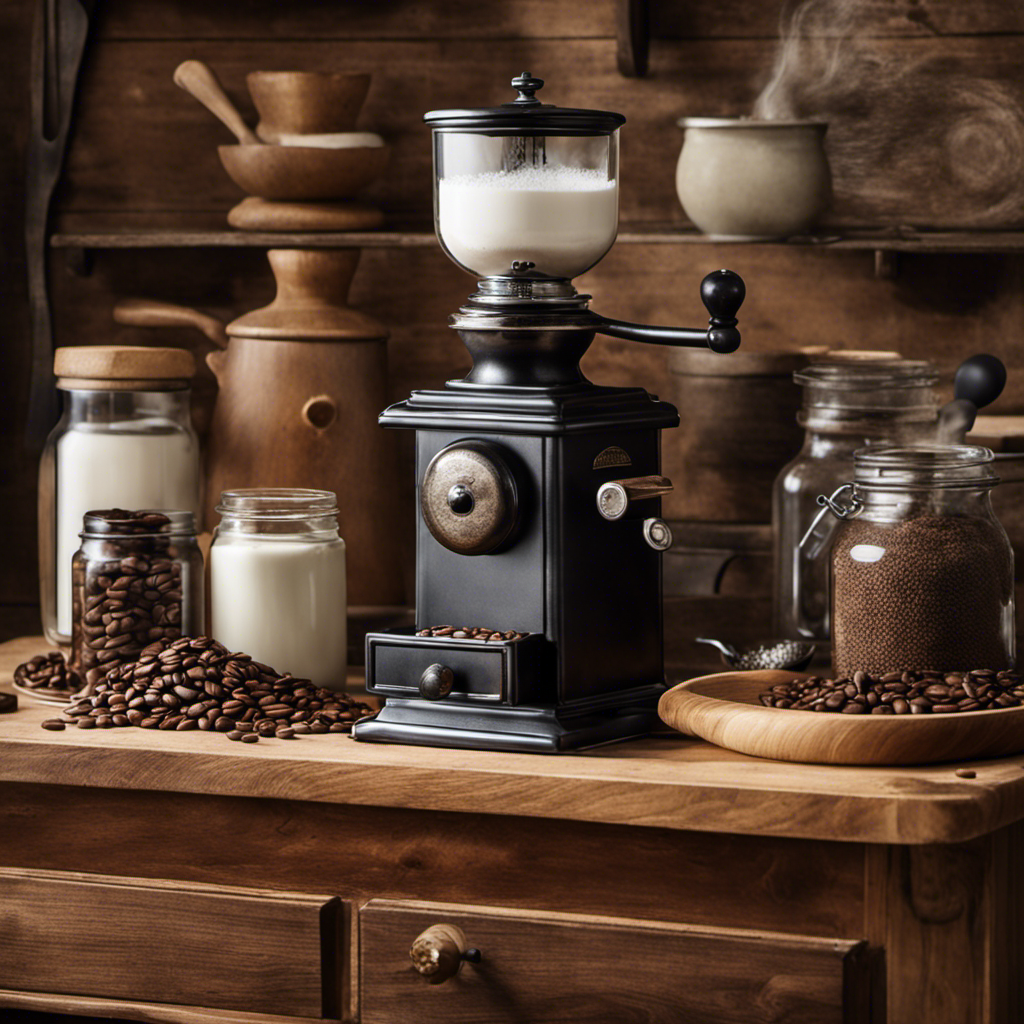 An image showcasing a cozy, rustic kitchen with a vintage coffee grinder and a steaming cup of Postum coffee on a wooden countertop, surrounded by shelves stocked with jars of the beloved beverage