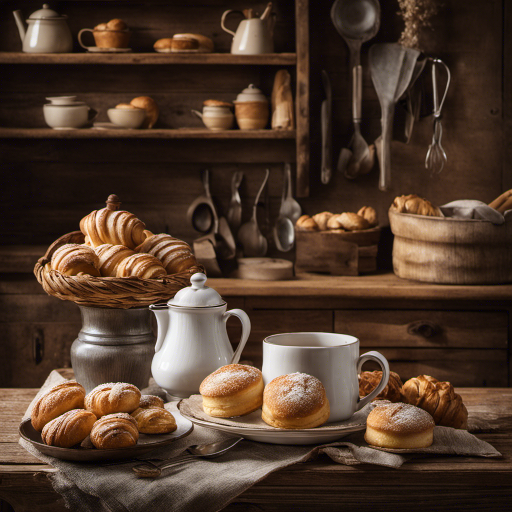 An image showcasing a cozy, vintage-inspired kitchen scene, with an elegant ceramic mug filled to the brim with steaming Postum, placed next to a stack of freshly baked pastries on a rustic wooden table