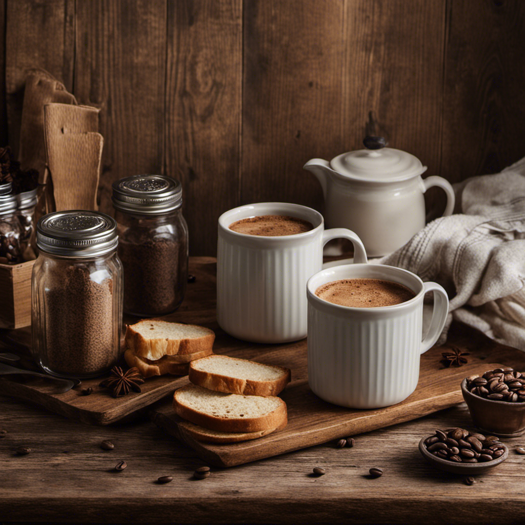 An image featuring a cozy kitchen scene with a vintage-inspired coffee mug filled with steaming Postum, placed on a rustic wooden table alongside a stack of Postum jars and a shopping list, highlighting the search for where to buy Postum