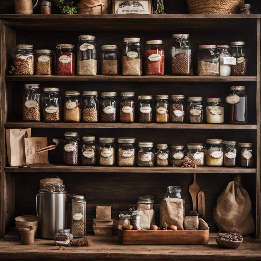 An image showcasing a cozy pantry shelf adorned with various vintage coffee substitutes, including jars of Postum, alongside a rustic shopping list and a shopping bag, hinting at the quest for where to buy Postum