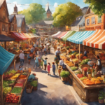 An image showcasing a bustling farmer's market in Asheland, with vibrant stalls overflowing with colorful bottles of Kombucha tea