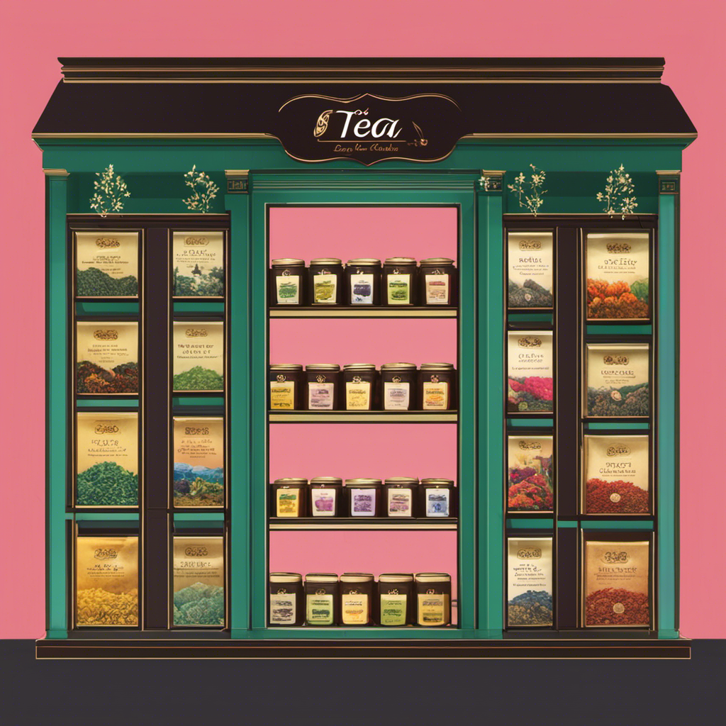 An image showcasing a vibrant, serene tea shop with shelves adorned with neatly stacked oolong tea bags in various flavors and packaging