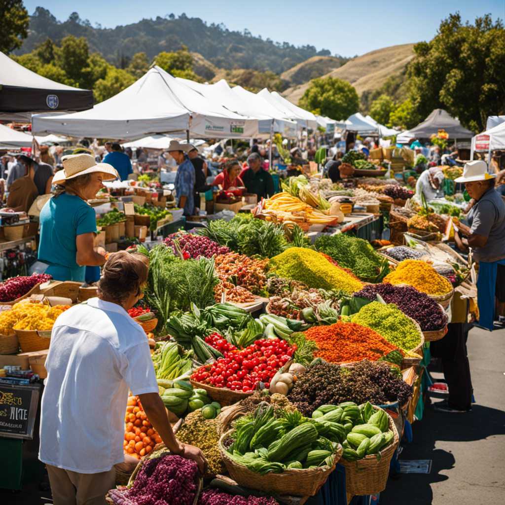 An image showcasing a vibrant farmers market in Rodeo, CA, with bustling stalls selling an array of yerba mate products
