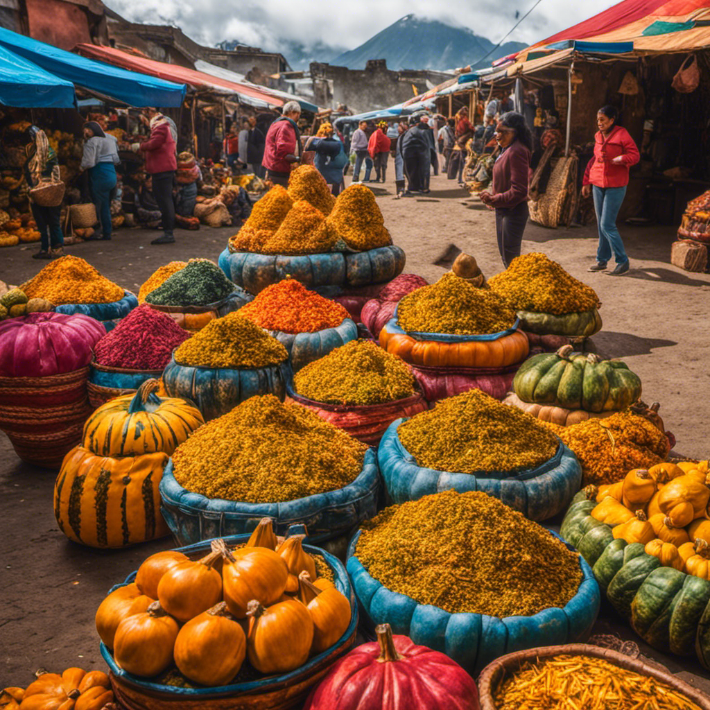 An image showcasing a vibrant marketplace, with colorful stalls adorned by gourd-shaped Yerba Mate containers and stacked bags of dried leaves
