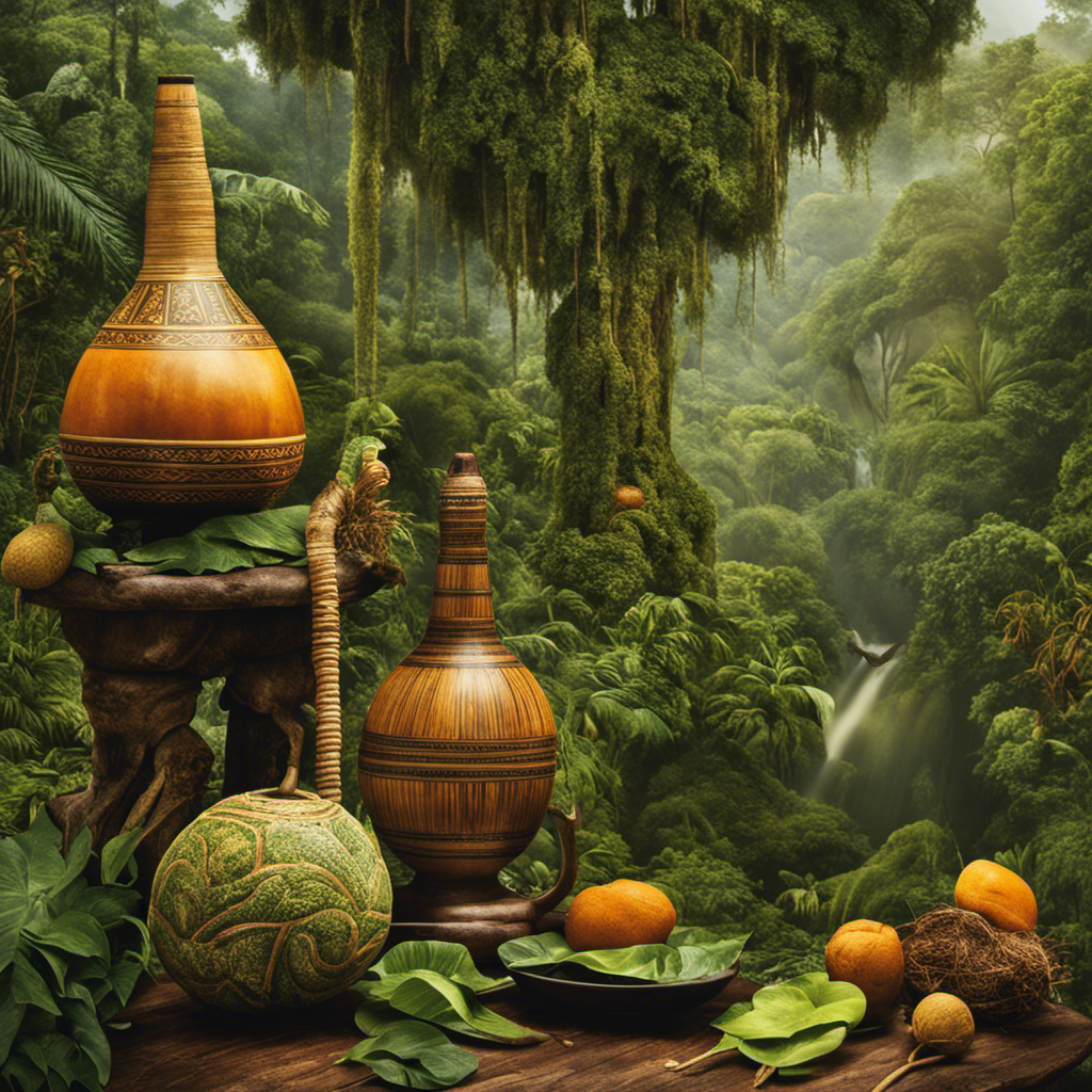 An image capturing the lush landscape of the South American rainforests, with a traditional gourd and bombilla set against a backdrop of towering yerba mate trees, revealing the roots of this historic beverage