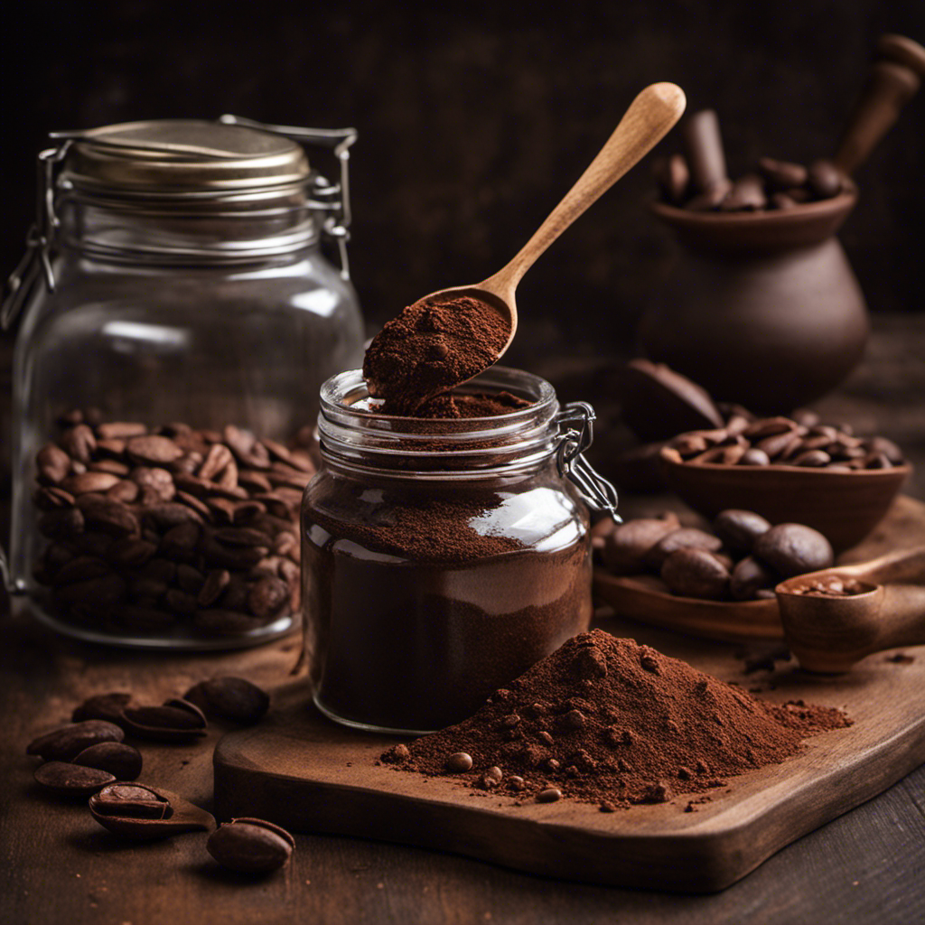 An image featuring a rustic wooden table adorned with a small, vintage silver scoop delicately pouring a fine stream of rich, dark raw unsweetened cacao powder into a glass jar, with scattered cacao beans nearby