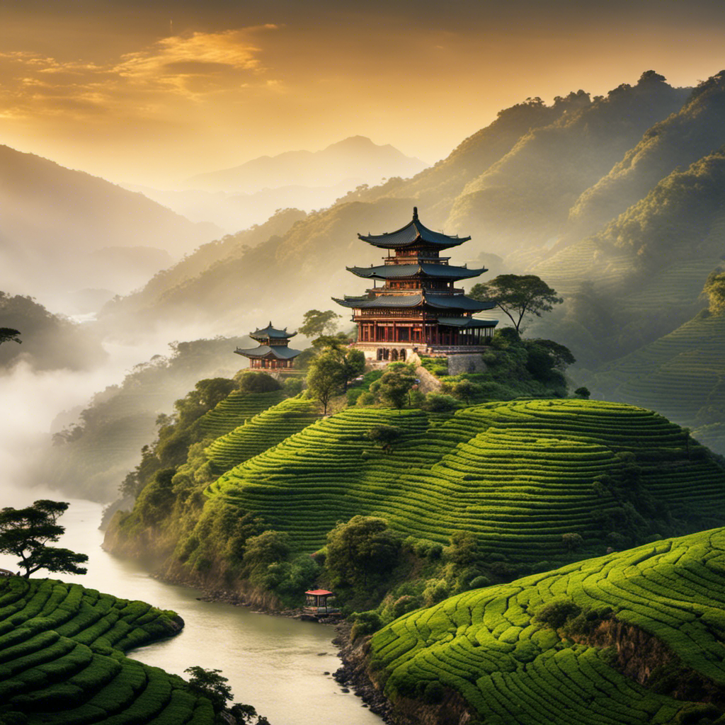 An image of lush, terraced mountains enveloped in ethereal mist, where vibrant tea bushes sprawl against a backdrop of ancient temples and tranquil rivers, hinting at the secret origins of Bigelow's Oolong Tea