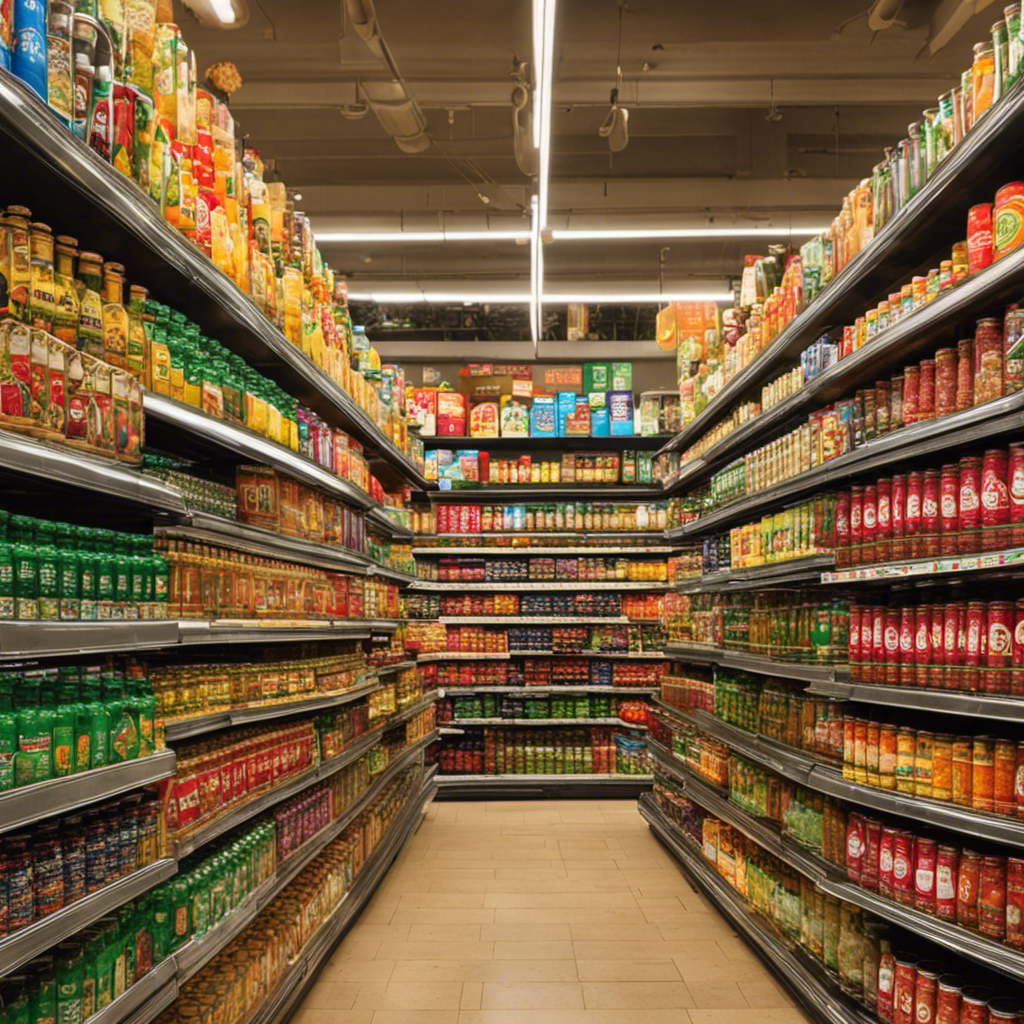 An image capturing the vibrant shelves of a bustling grocery store, adorned with rows of colorful cans and bottles, showcasing the diverse range of Guyaki Yerba Mate products available for sale