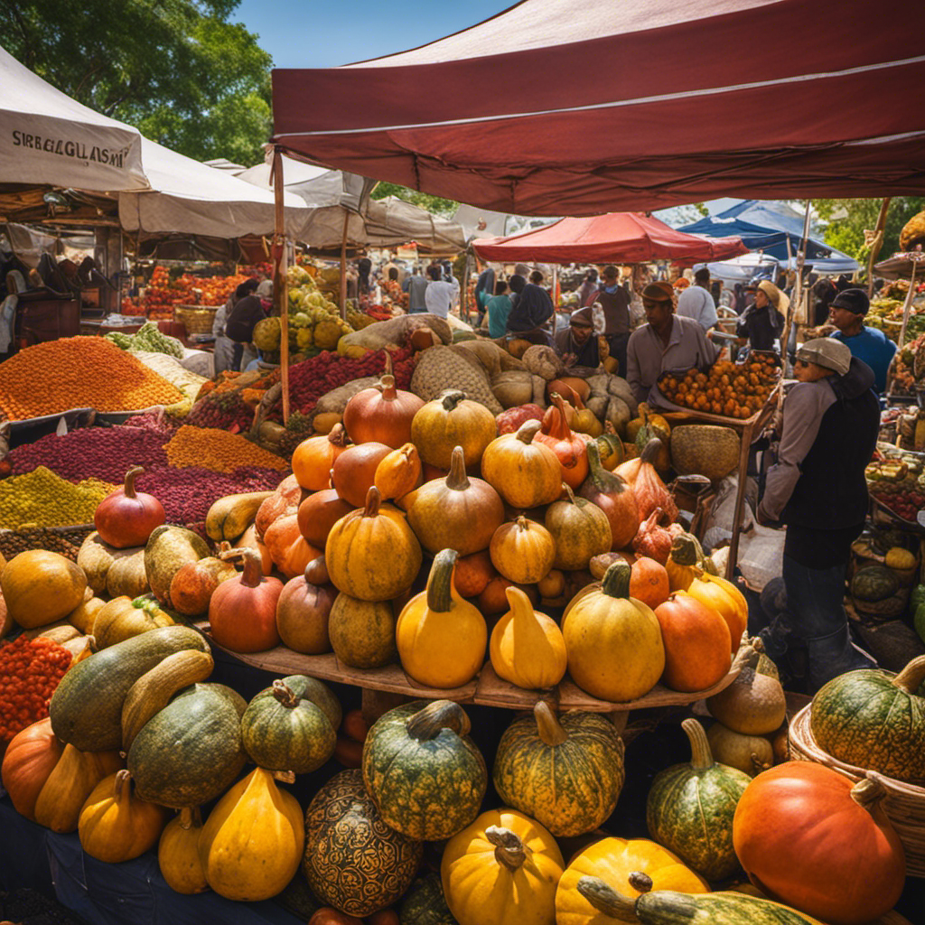 An image showcasing a vibrant marketplace bustling with diverse vendors and colorful stalls, selling traditional gourds, bombillas, and an array of freshly brewed yerba mate drinks displayed in glass jars, enticingly garnished with citrus slices and fresh herbs