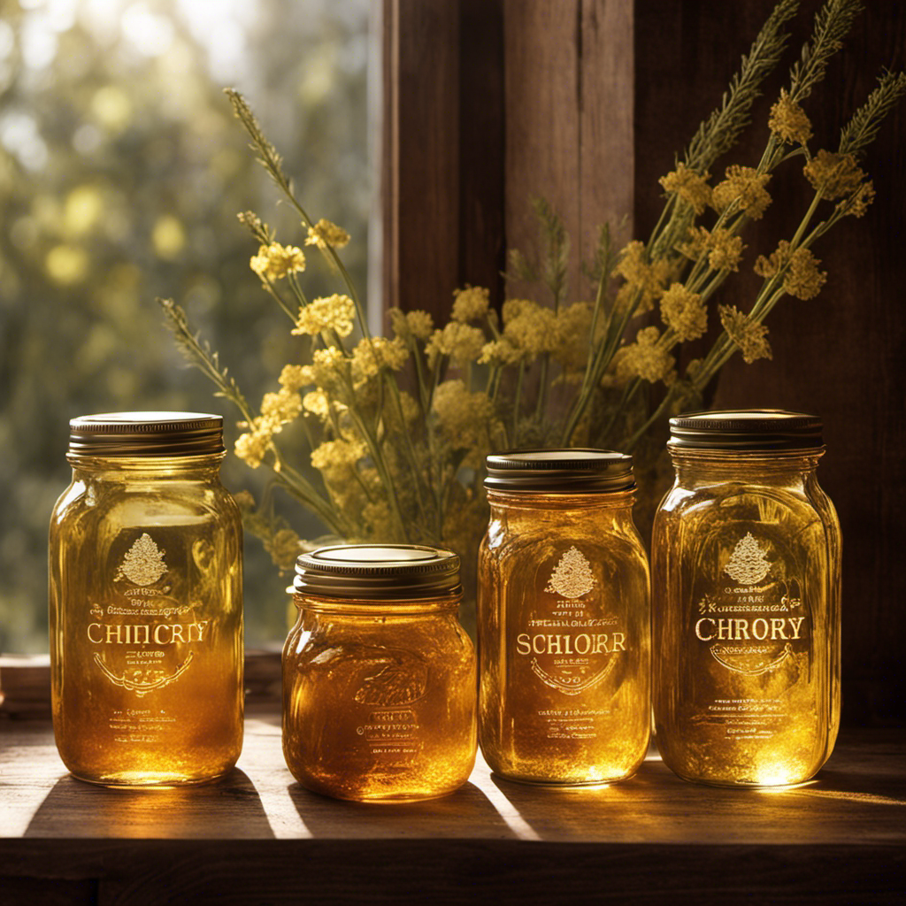 An image showcasing a rustic wooden shelf adorned with glass jars of golden-hued chicory root syrup