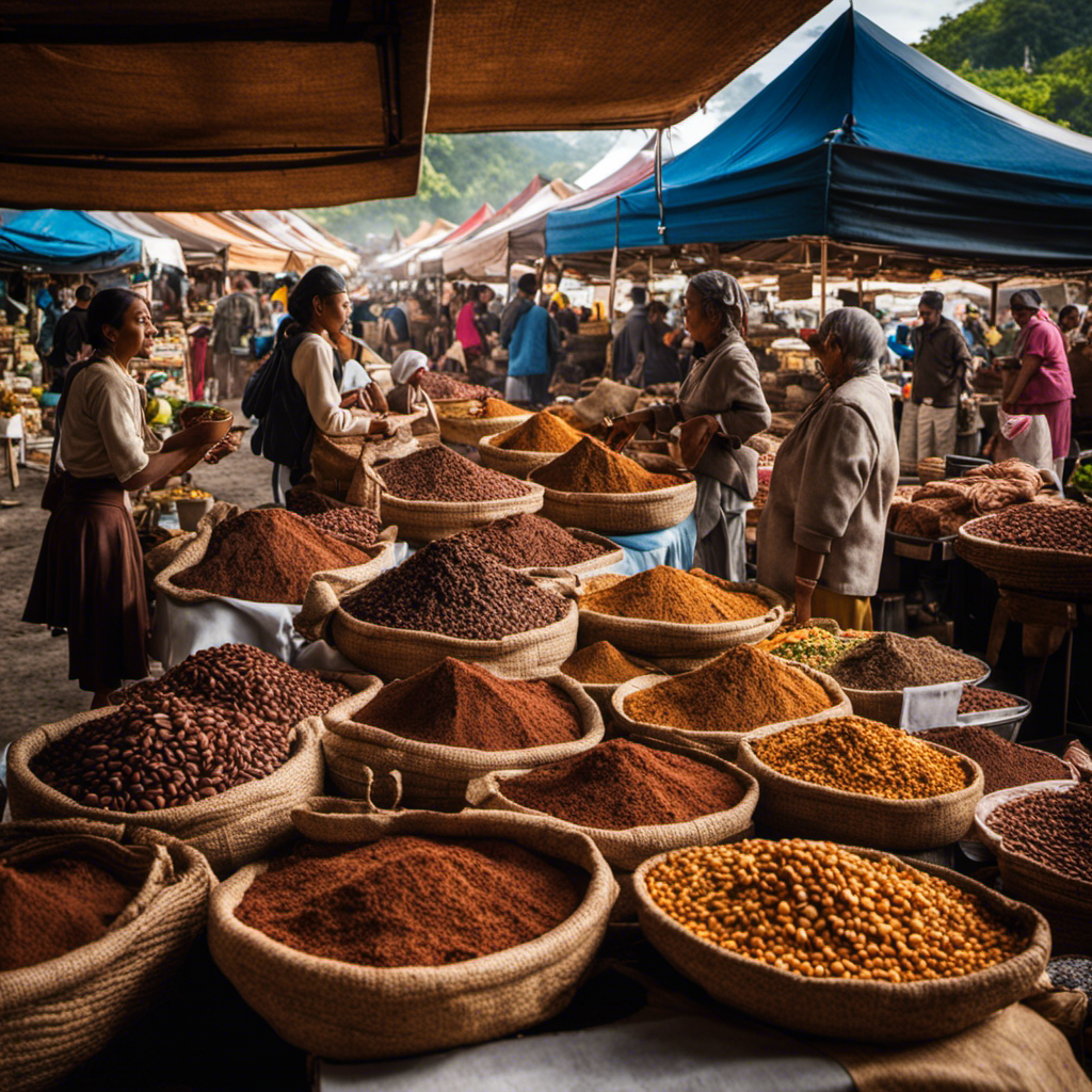an inviting scene at a bustling open-air market, teeming with vibrant stalls adorned with burlap sacks bursting with rich, brown cacao beans