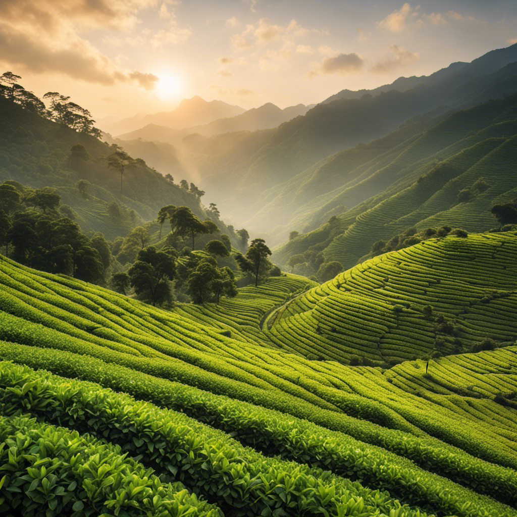 An image showcasing a serene mountainscape, where a traditional tea plantation thrives amidst lush greenery