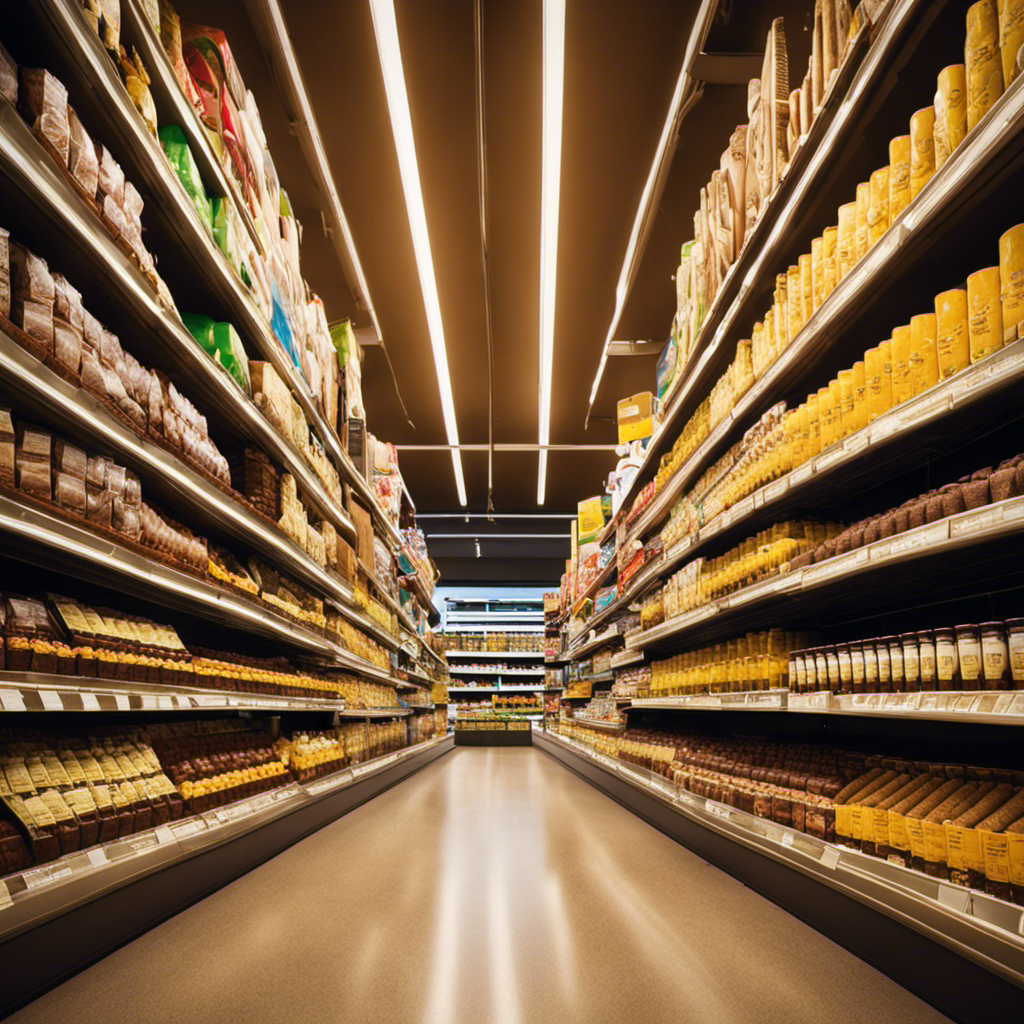 An image showcasing a vibrant supermarket aisle filled with shelves neatly arranged, stacked with high-quality raw cacao butter