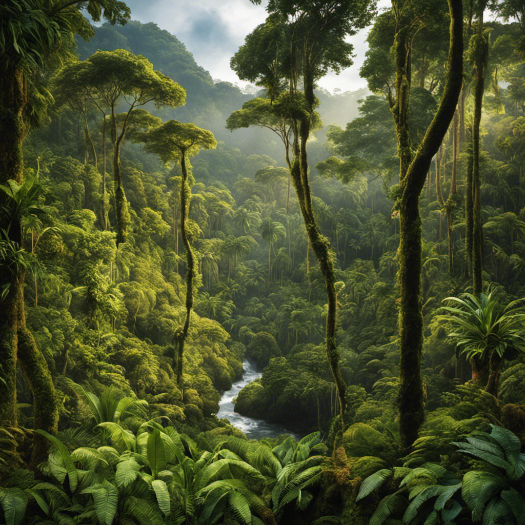 An image showcasing the vibrant, lush landscapes of the South American rainforests, with a focus on the native yerba mate trees thriving in shaded groves, surrounded by diverse flora and fauna