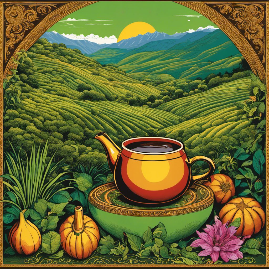 An image capturing the vibrant green rolling hills of South America, with a traditional gourd and bombilla nestled among towering yerba mate plants, showcasing the origins of this beloved herbal tea