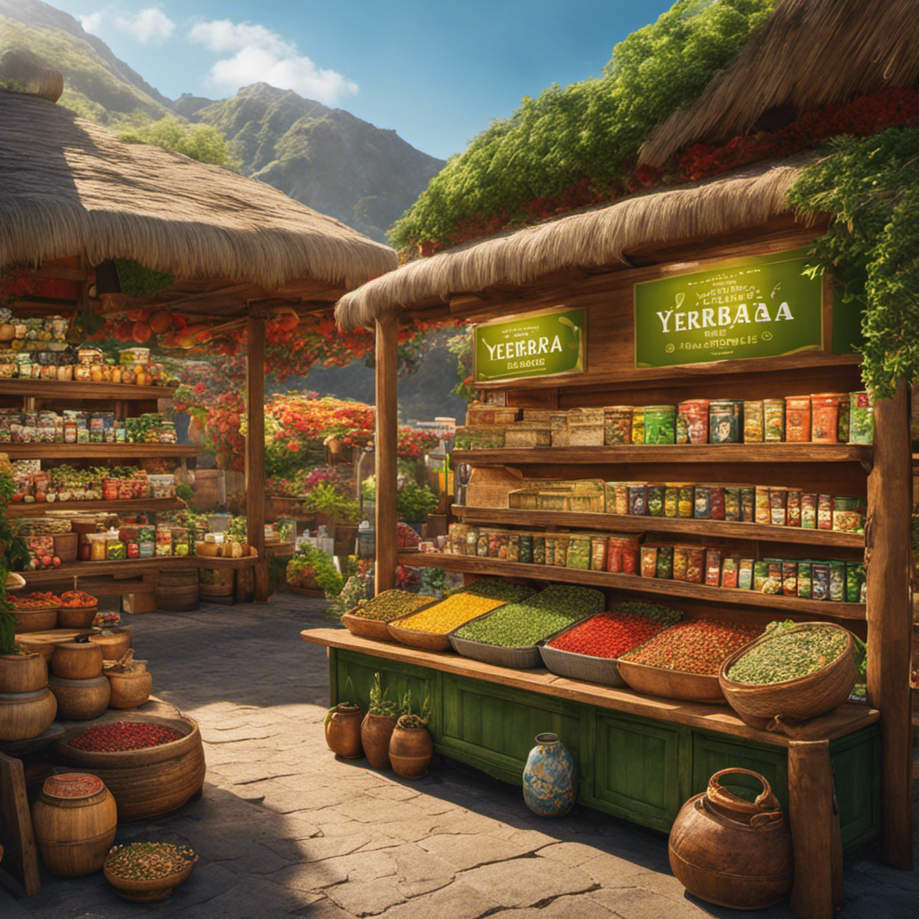An image showcasing a vibrant display of local markets, specialty tea shops, and online platforms offering an array of yerba mate products