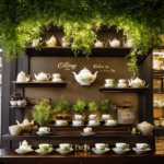 An image featuring a serene tea shop in Baytown, Texas, adorned with vibrant greenery and a sign displaying "Oolong Tea" in elegant calligraphy