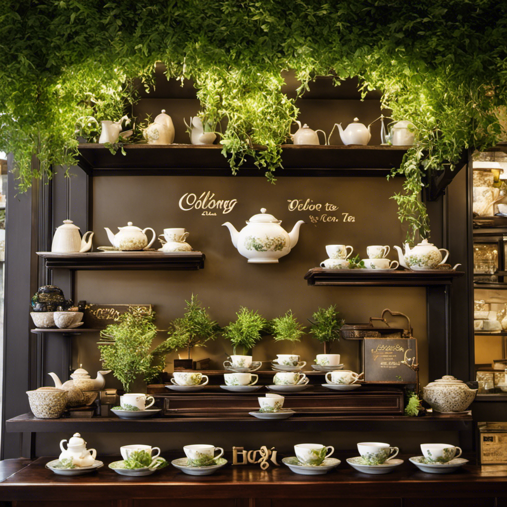 An image featuring a serene tea shop in Baytown, Texas, adorned with vibrant greenery and a sign displaying "Oolong Tea" in elegant calligraphy