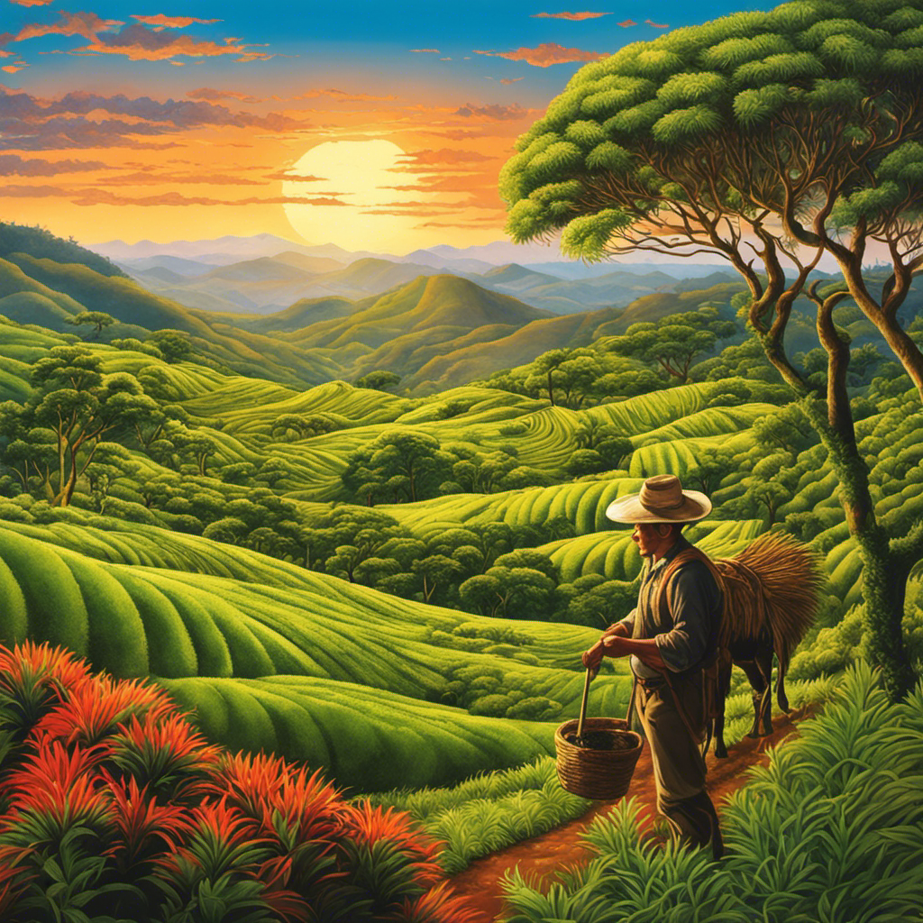 An image that showcases the lush green rolling hills of the Brazilian highlands, with a gaucho farmer harvesting yerba mate leaves under the shade of tall Araucaria trees, surrounded by colorful native flora