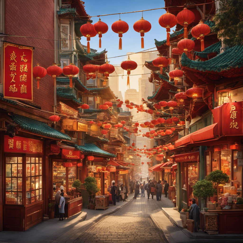 An image showcasing the picturesque streets of San Francisco's Chinatown, with a vibrant storefront featuring an array of exquisite Oolong teas displayed in traditional Chinese tea canisters, enticing passersby to explore this tea lover's paradise