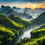 An image showcasing the breathtaking mountainous landscapes of the Wuyi Mountains in Fujian, China, where the exquisite Chinese Oolong tea is meticulously cultivated