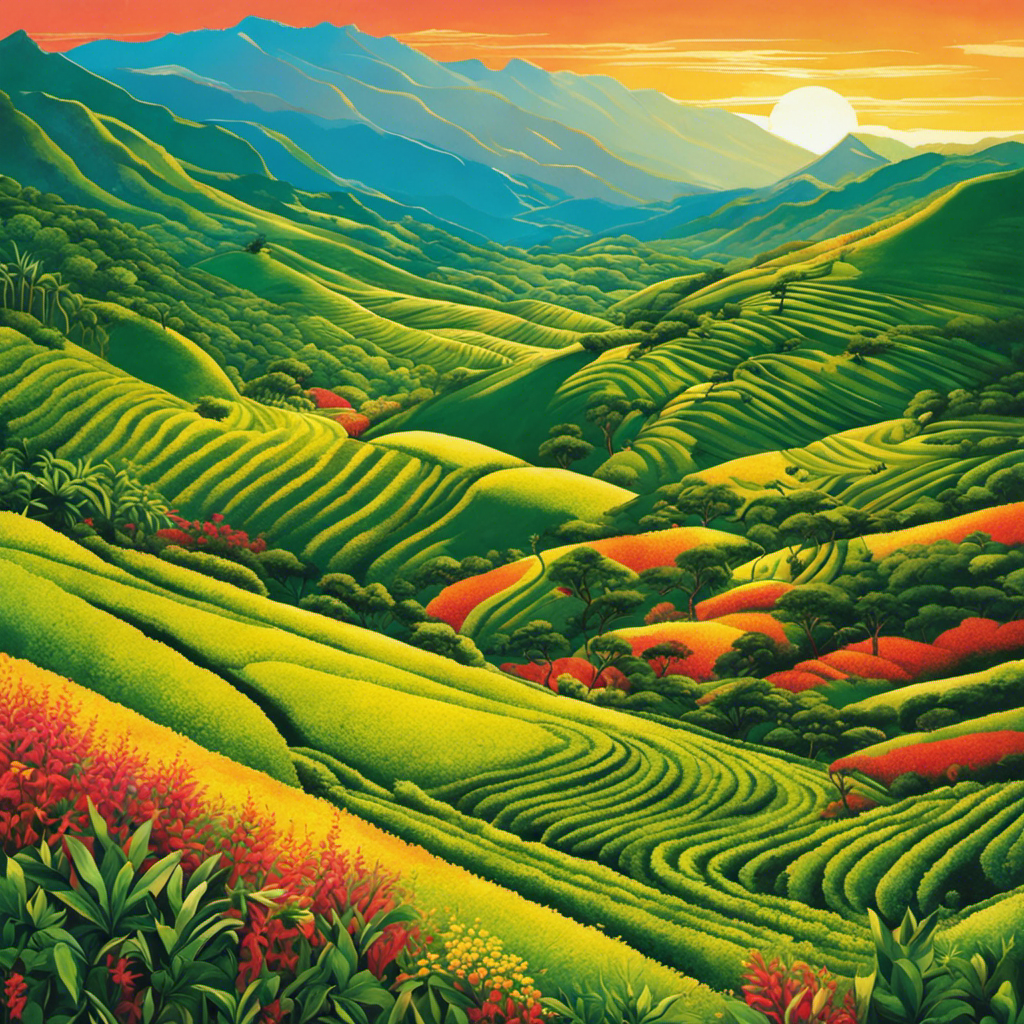 An image of a vibrant, sun-kissed landscape in the heart of South America, adorned with lush green yerba mate plantations stretching as far as the eye can see, capturing the essence of Guayaqui's origin