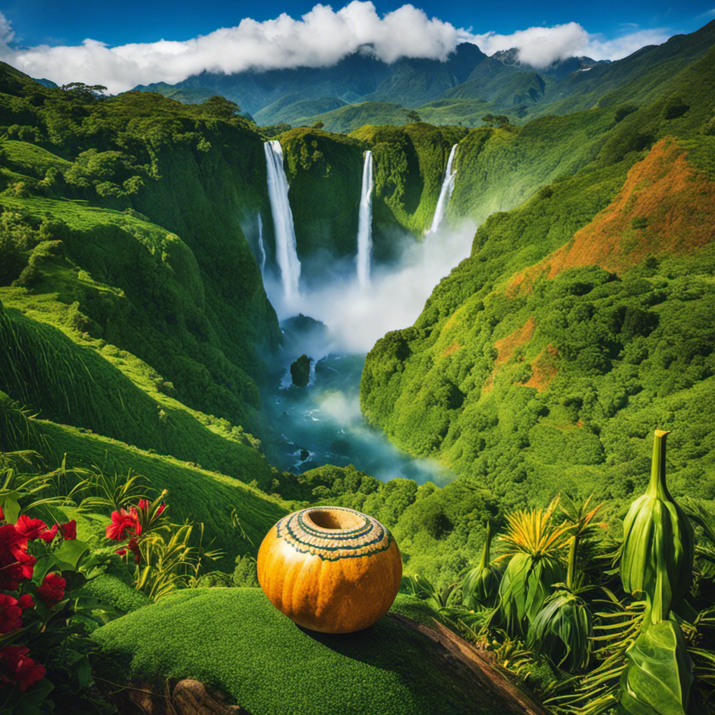 An image that showcases the vibrant landscapes of South America, featuring a traditional mate gourd nestled amidst lush green fields, towering mountains, and cascading waterfalls, symbolizing the elusive origins of La Yerba Mate