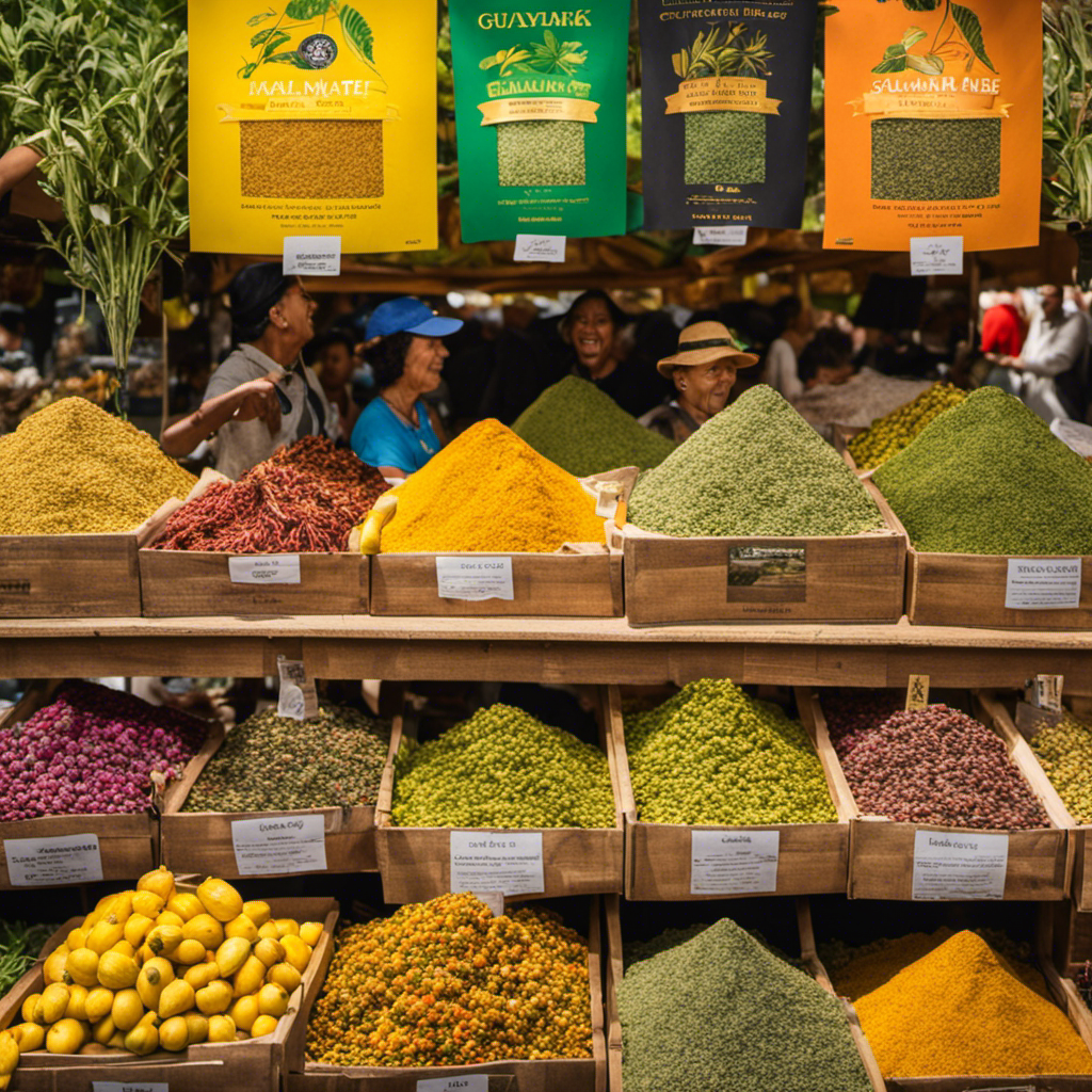An image showcasing a bustling local farmer's market, with colourful stalls adorned with vibrant Loose Leaf Guayaki Yerba Mate packaging