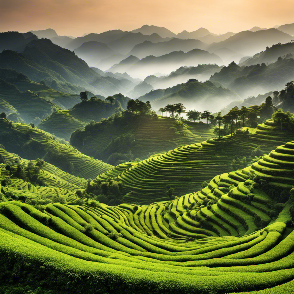 An image showcasing the picturesque terraced tea fields of the misty Wuyi Mountains, China