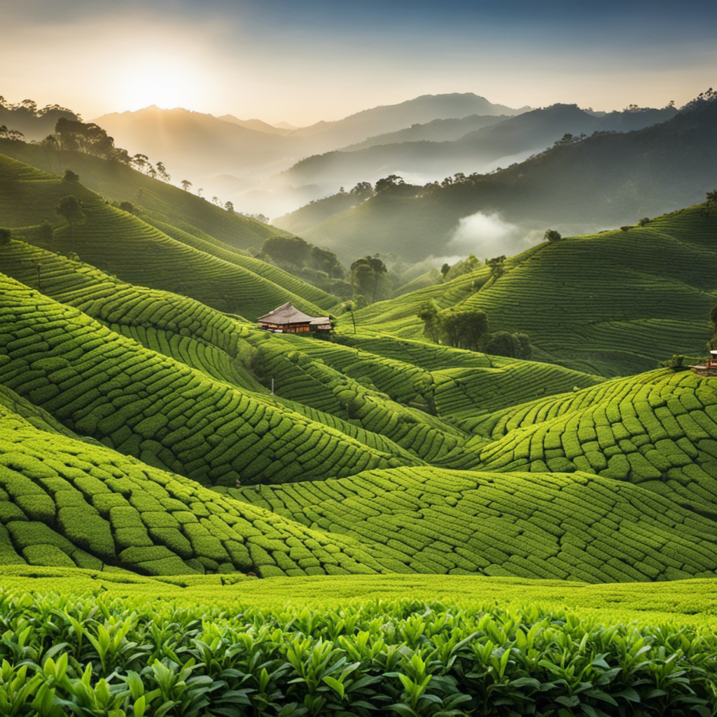 An image showcasing a sprawling, mist-covered tea plantation nestled amidst rolling hills, with lush green tea bushes stretching as far as the eye can see, offering a serene and idyllic setting for the story of Oolong tea